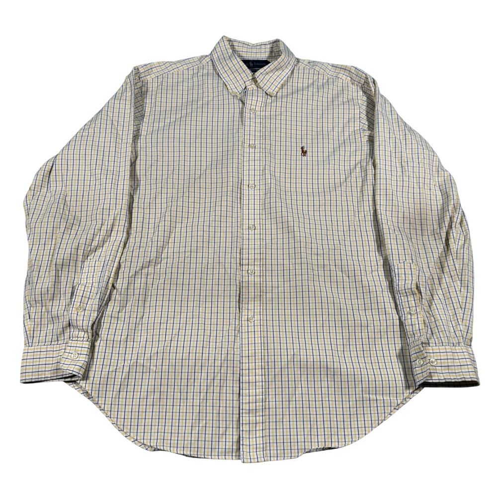 Ralph Lauren Button Down Shirt Mens 16.5 34/35 Yellow Blue Check Classic Fit